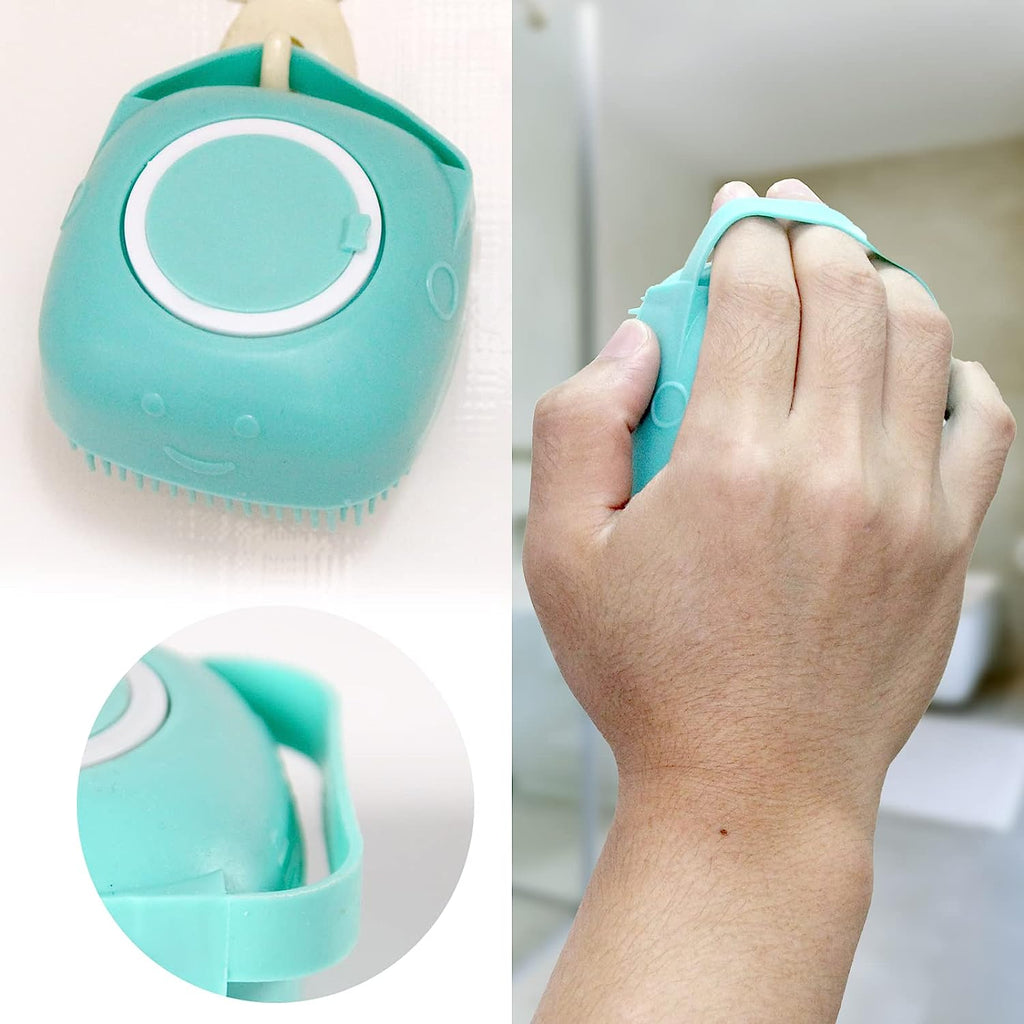 Dog Bath Brush, Pet Massage Brush Shampoo Dispenser, Soft Silicone Brush Rubber Bristle for Dogs and Cats Shower Grooming (Blue)