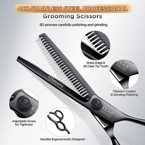 4CR Stainless Steel Safety round Tip 6 in 1 Professional Dog Grooming Scissors Kit, Heavy Duty Titanium Coated Straight & Thinning & Curved Shears & Comb Set for Dog & Cat Grooming